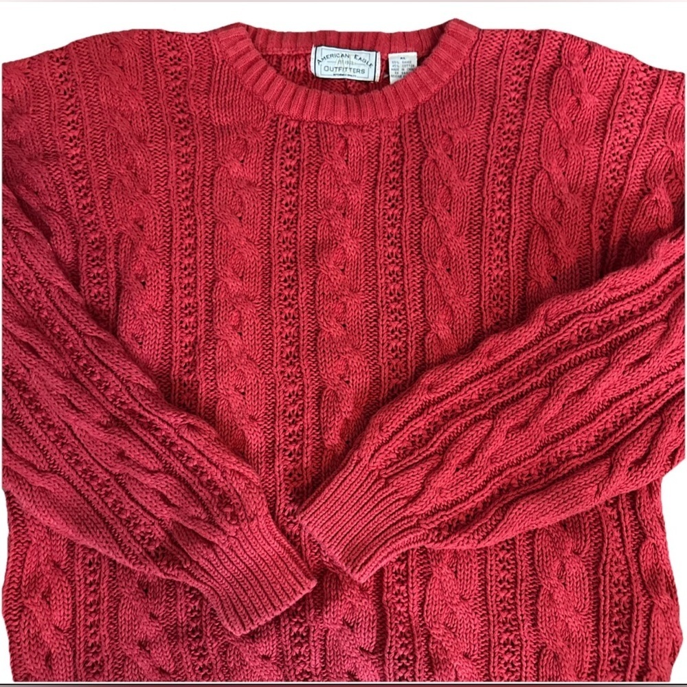 American Eagle Outfitters Vintage rare Sweater Red Cable Knit Pullover - Picture 2 of 8